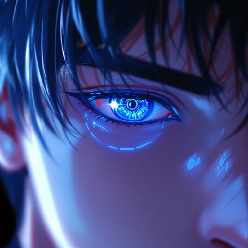 Yoichi Isagi PFP with neon blue eyes and modern tactical glow