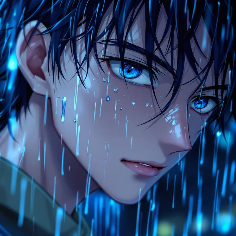 Yoichi Isagi PFP in rain with focused expression and wet hair detail