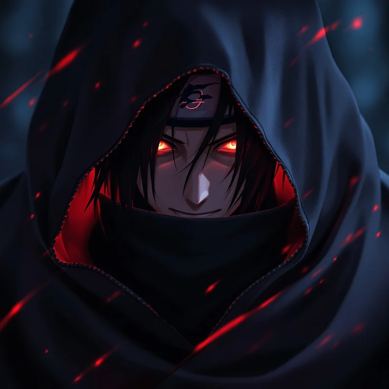 Itachi PFP with Akatsuki cloak and cinematic Sharingan aura