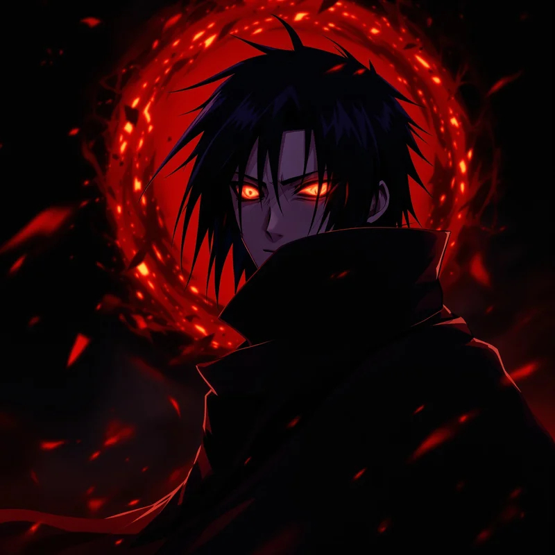 Itachi PFP with black crow atmosphere and cinematic Sharingan glow