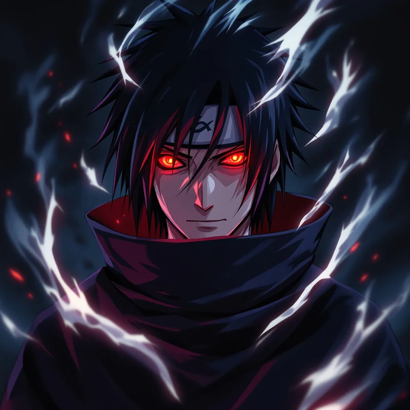 Itachi PFP with black flame effects and glowing Sharingan eyes