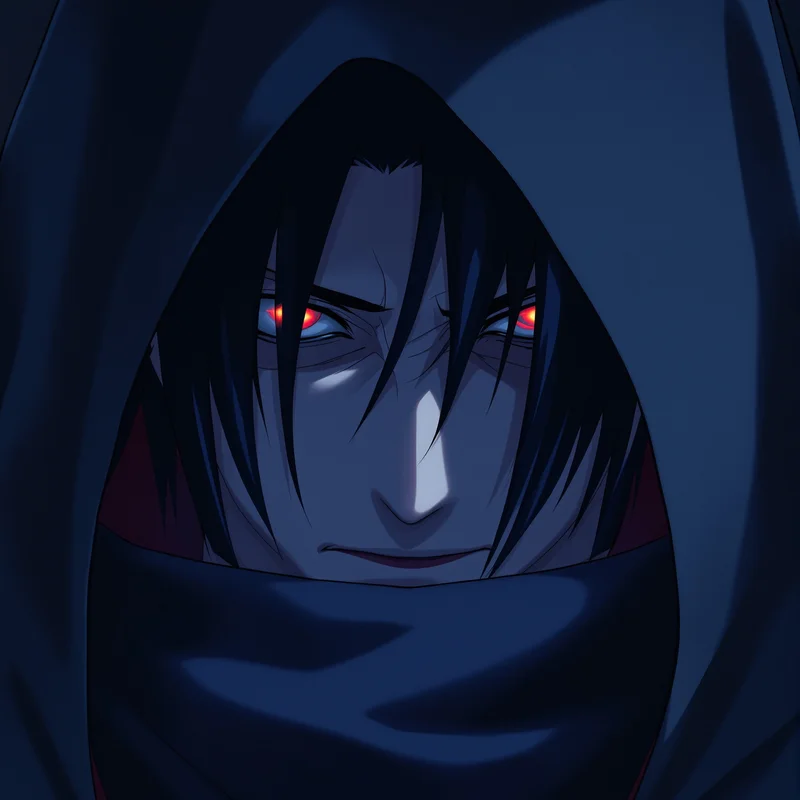 Itachi PFP with emotional sadness and cinematic red eye glow