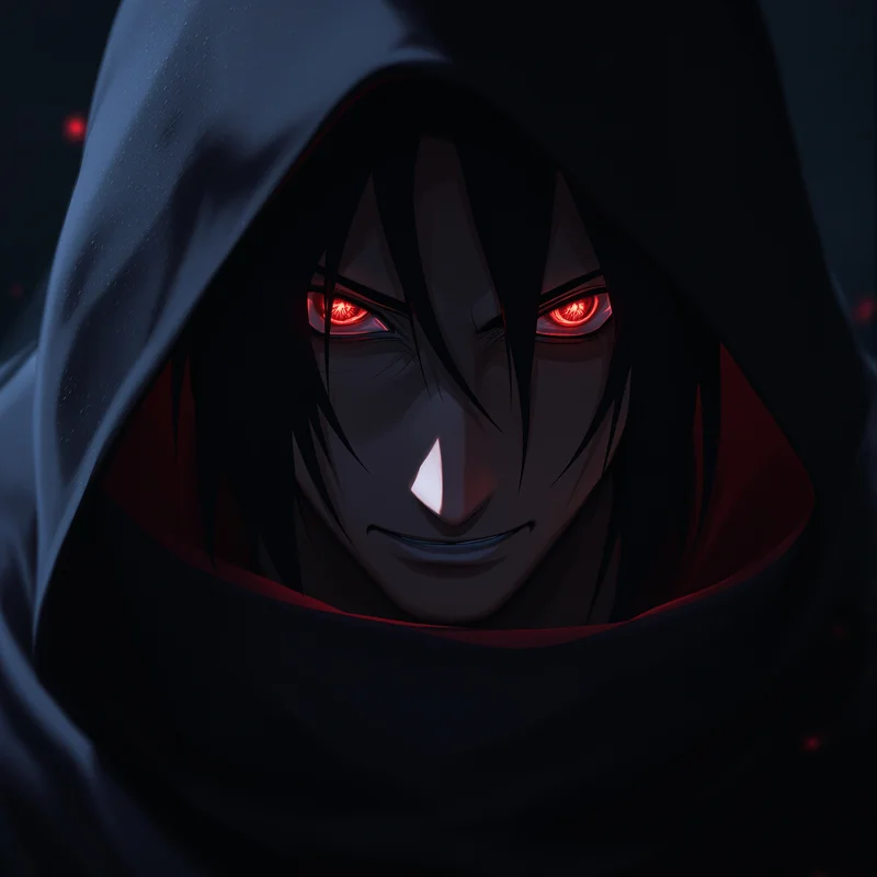 Itachi PFP with cold red glow and cinematic anime darkness