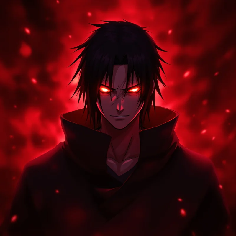 Itachi PFP with crimson cinematic darkness and Sharingan eyes