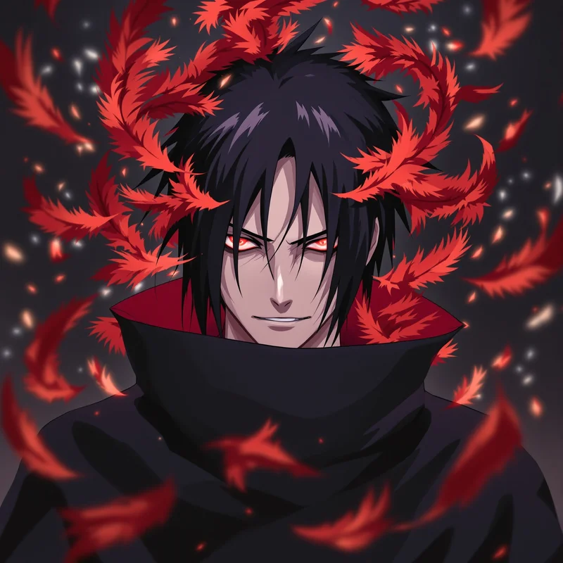 Itachi PFP with crimson feather effects and cinematic Sharingan aura