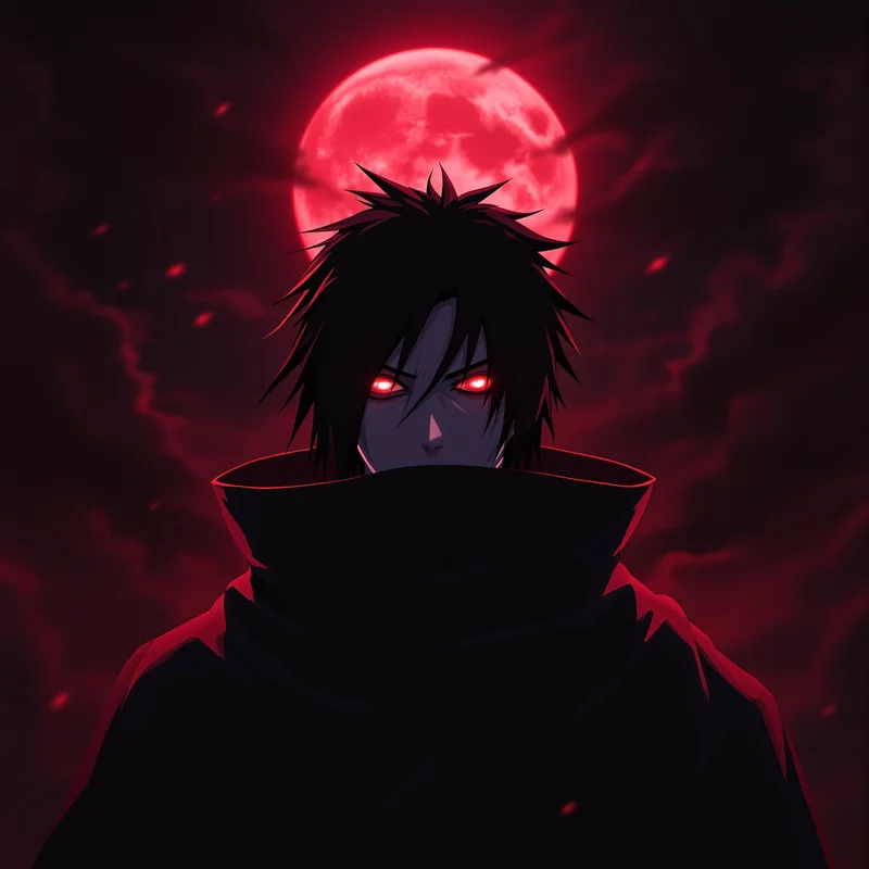 Itachi PFP under crimson moon with dark cinematic anime aura