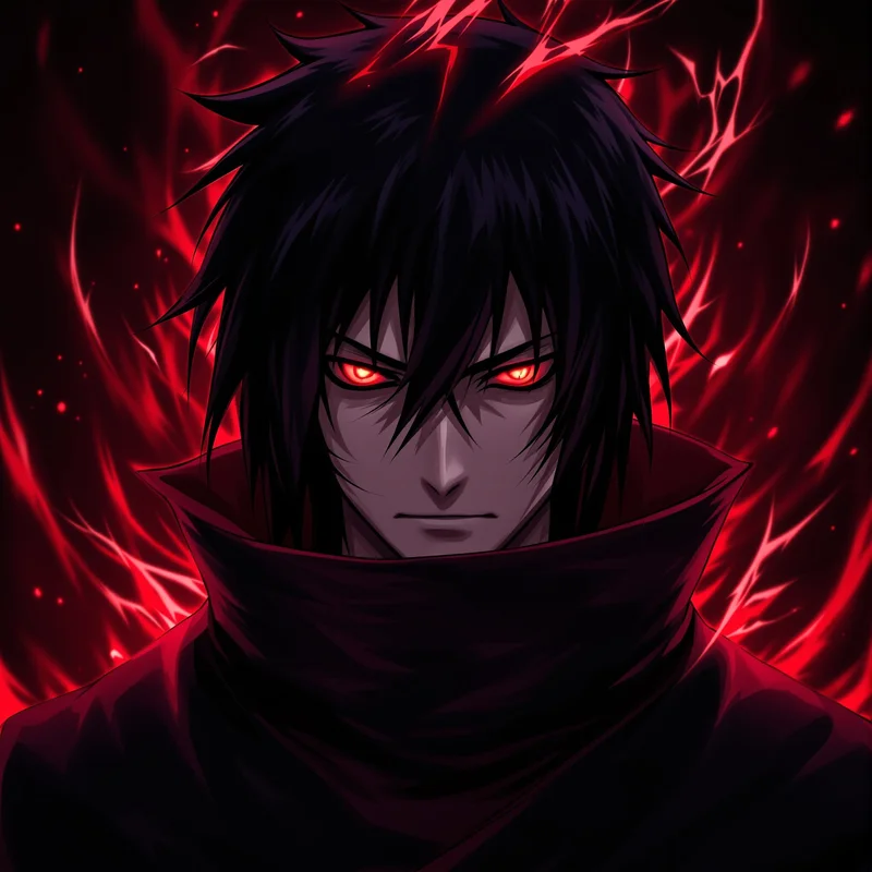 Itachi PFP with black crow aura and cinematic Sharingan lighting