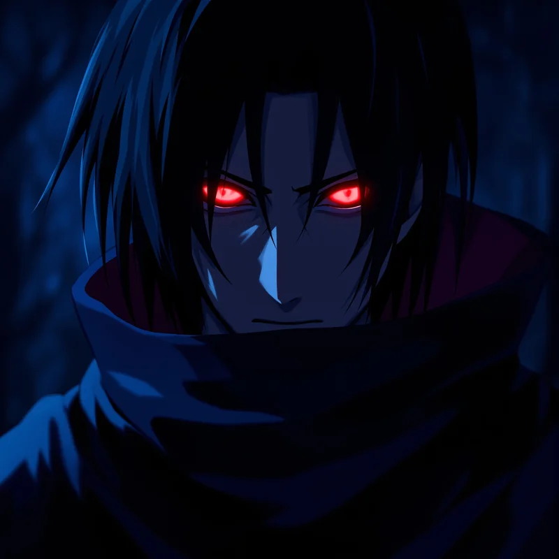 Itachi PFP with blue cinematic shadows and Sharingan glow