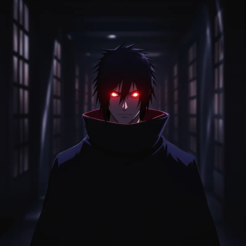 Itachi PFP in dark hallway with cinematic Sharingan lighting