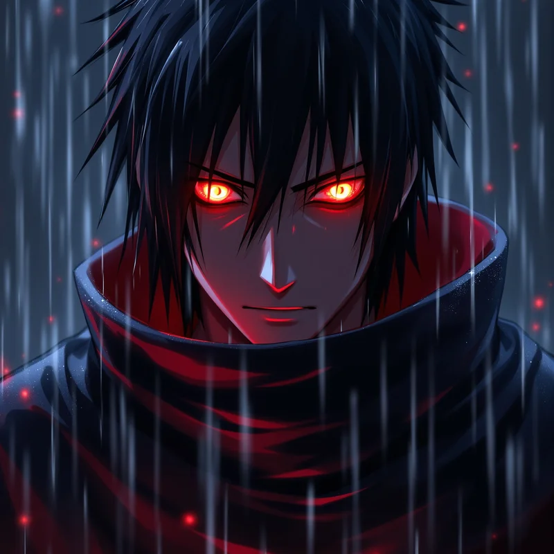 Itachi PFP with black crow rain atmosphere and Sharingan glow