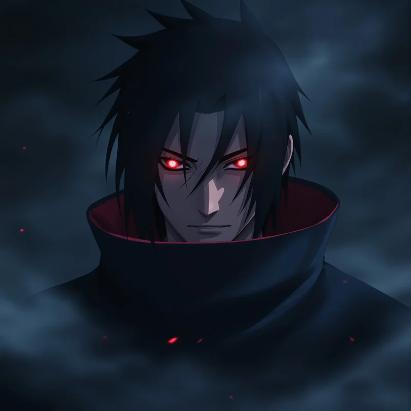 Itachi PFP with dark silence aura and glowing Sharingan eyes