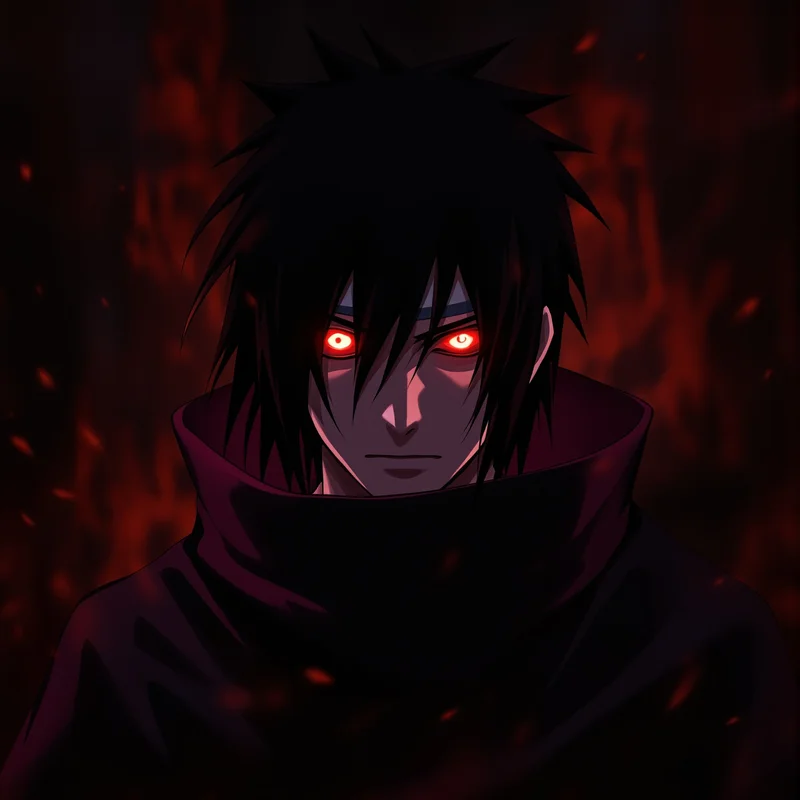 Itachi PFP with emotional anime pressure and glowing red eyes