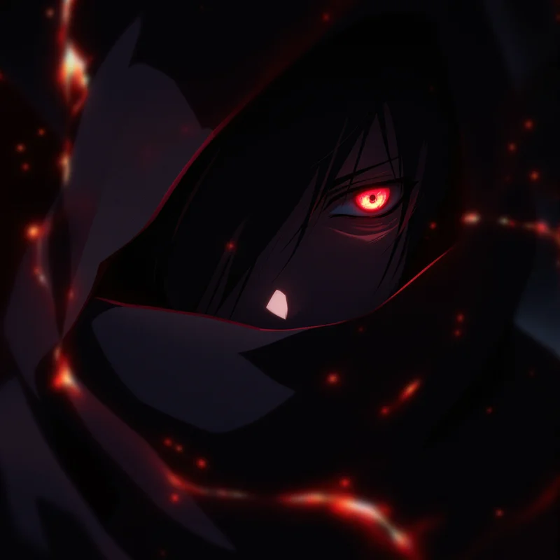 Itachi PFP with half-hidden face and glowing Sharingan eye