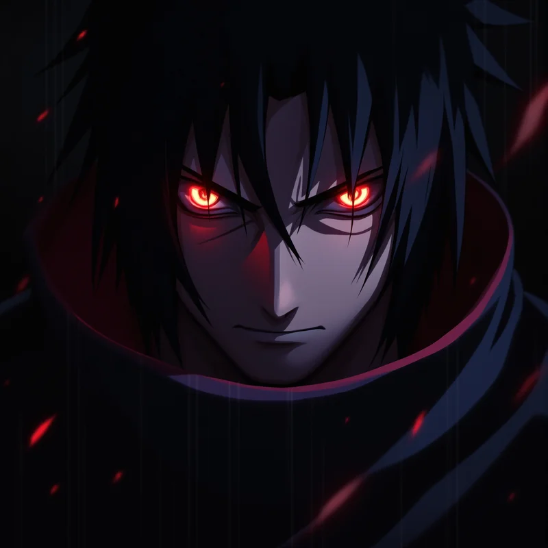 Itachi PFP with Mangekyo Sharingan darkness and cinematic shadows