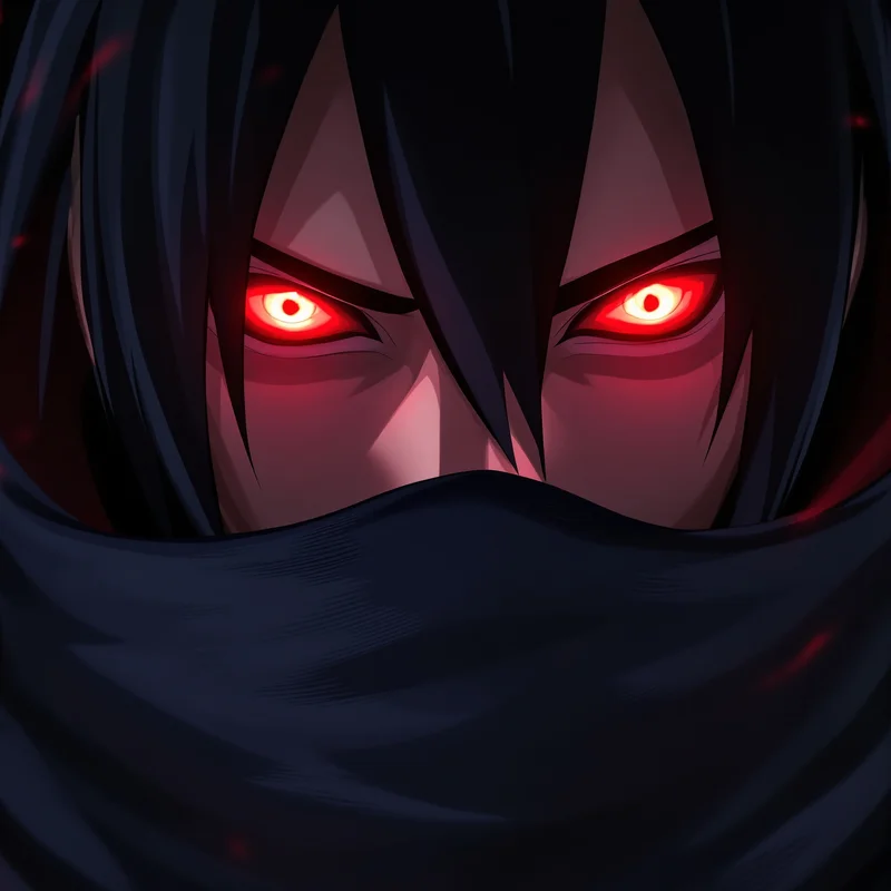 Itachi PFP with Mangekyo Sharingan eye detail and dark cinematic aura