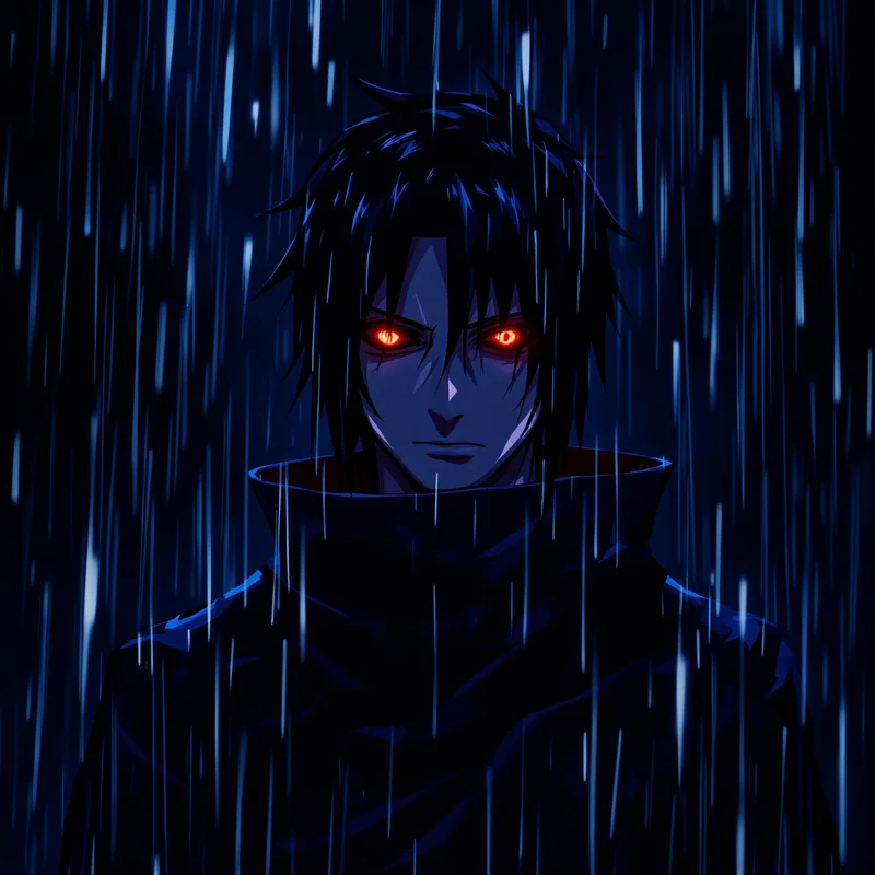 Itachi PFP with rain atmosphere and emotional cinematic darkness
