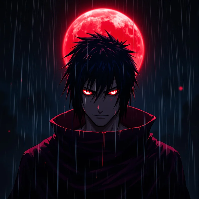Itachi PFP beneath rainy red moon with cinematic Sharingan glow