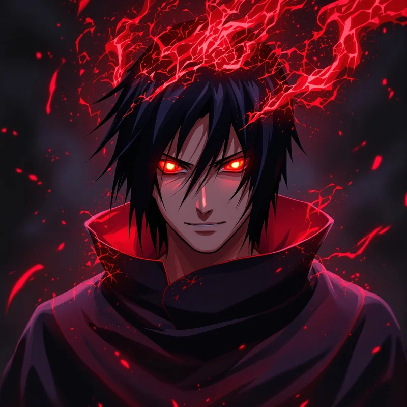 Itachi PFP with red mist aura and cinematic Sharingan lighting