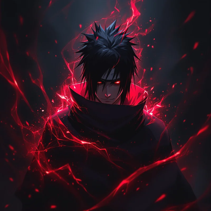 Itachi PFP with red shadow aura and glowing Sharingan eyes