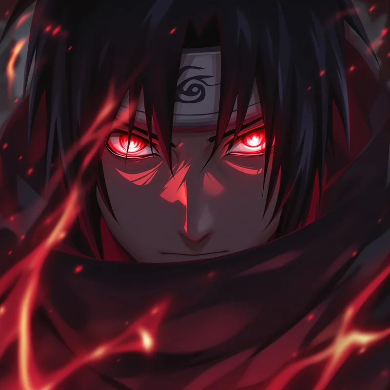 Itachi PFP with compressed cinematic shadows and Sharingan glow