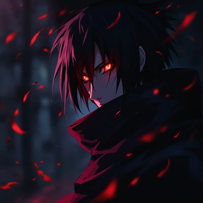 Itachi PFP with crow-inspired Sharingan eyes and dark shadows