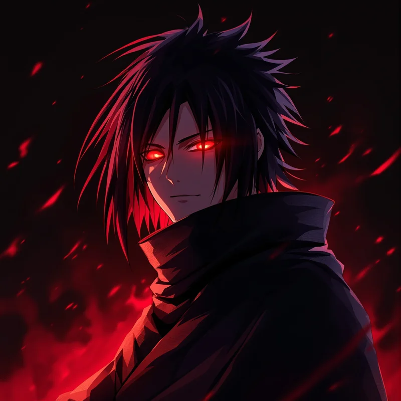 Itachi PFP with silent dominance and cinematic anime shadows