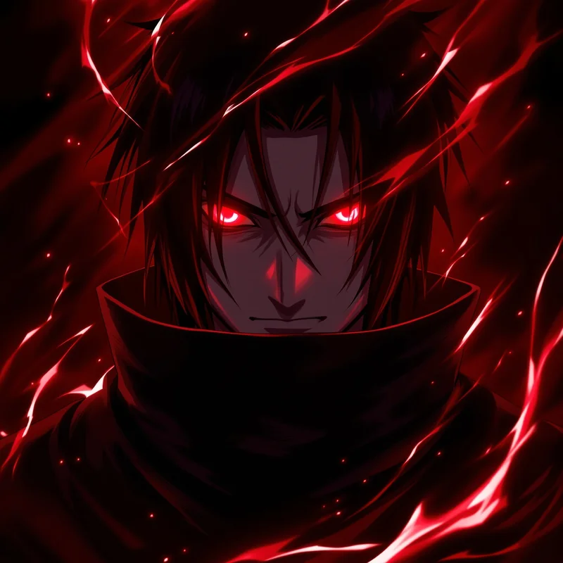 Itachi PFP with glowing Sharingan eyes and silent cinematic shadow aura