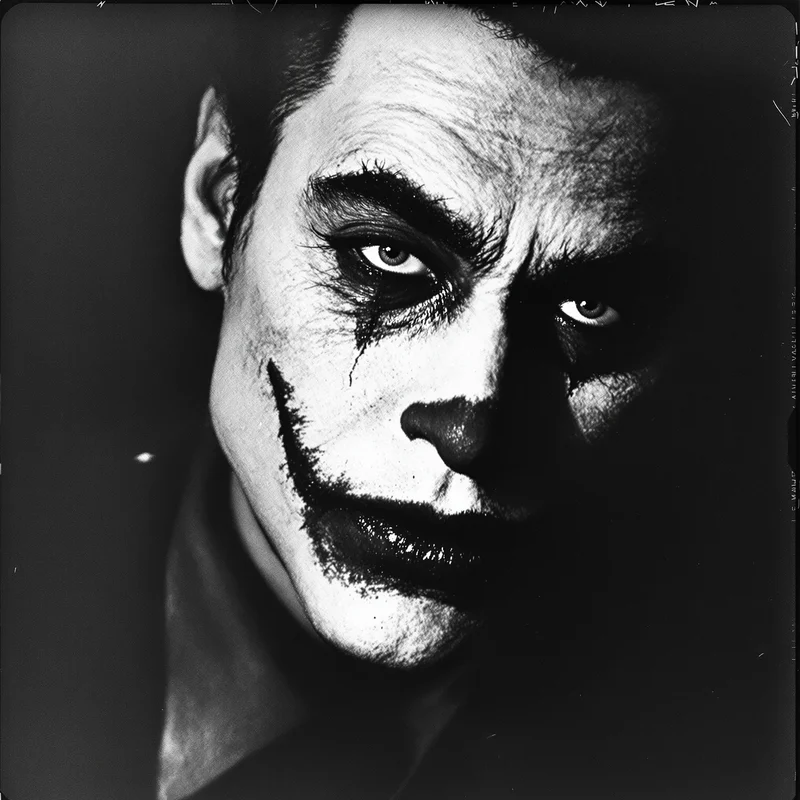 Black and white Joker PFP with red makeup accent