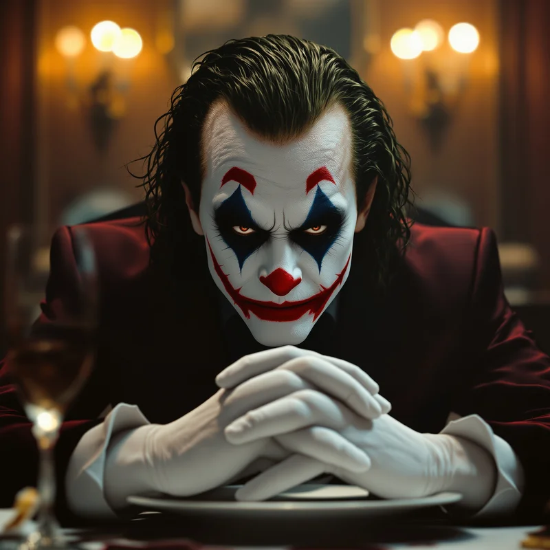 Elegant dinner Joker PFP with luxury villain atmosphere