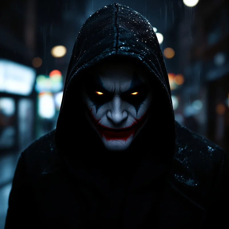 Hooded Joker PFP with hidden face and glowing smile