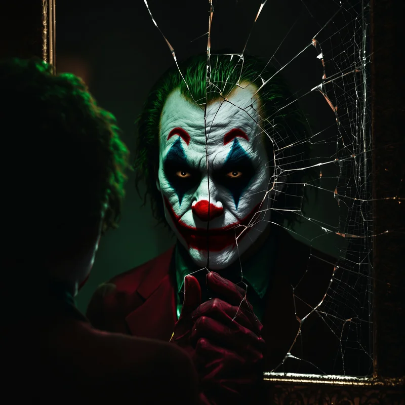 Joker PFP with cracked mirror dual identity reflection