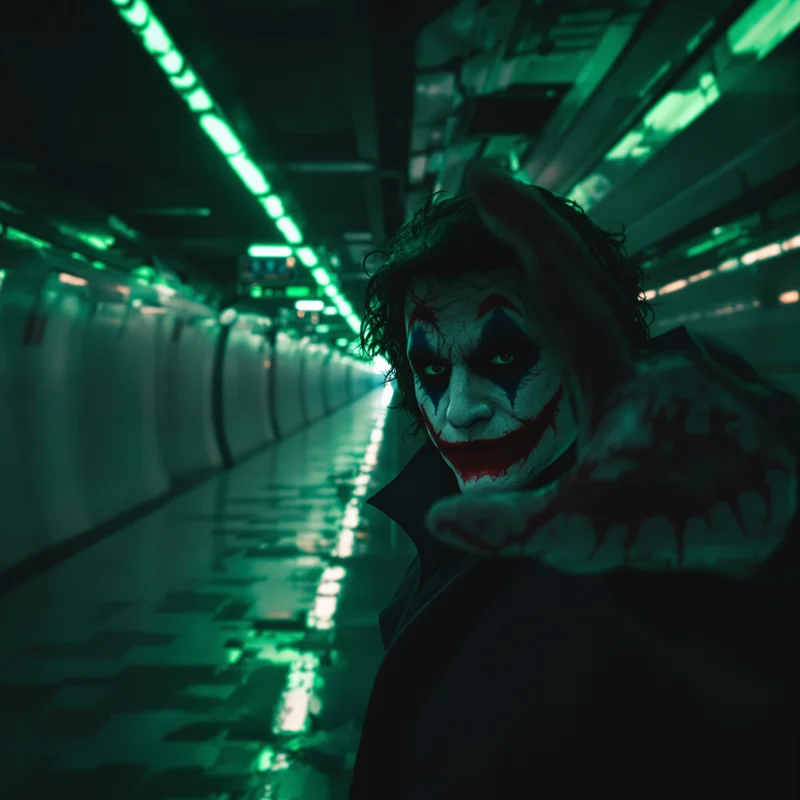 Joker PFP in empty neon subway with urban isolation