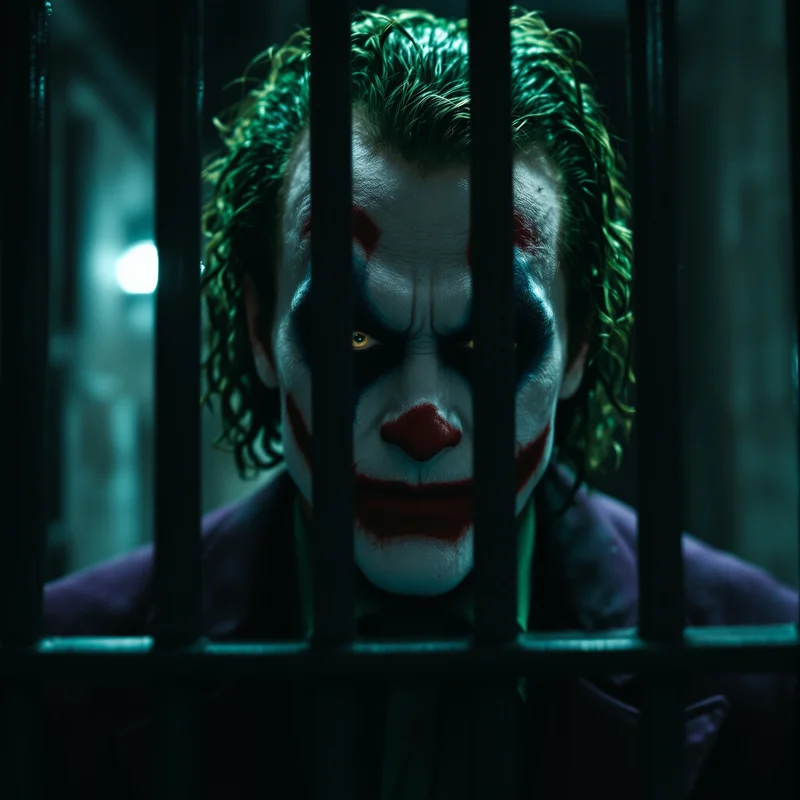 Joker PFP behind prison bars with cold stare