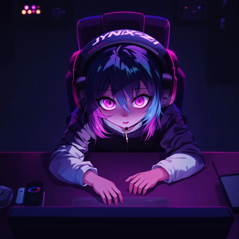 gaming PFP portrait with top-down desk angle and wide open eyes
