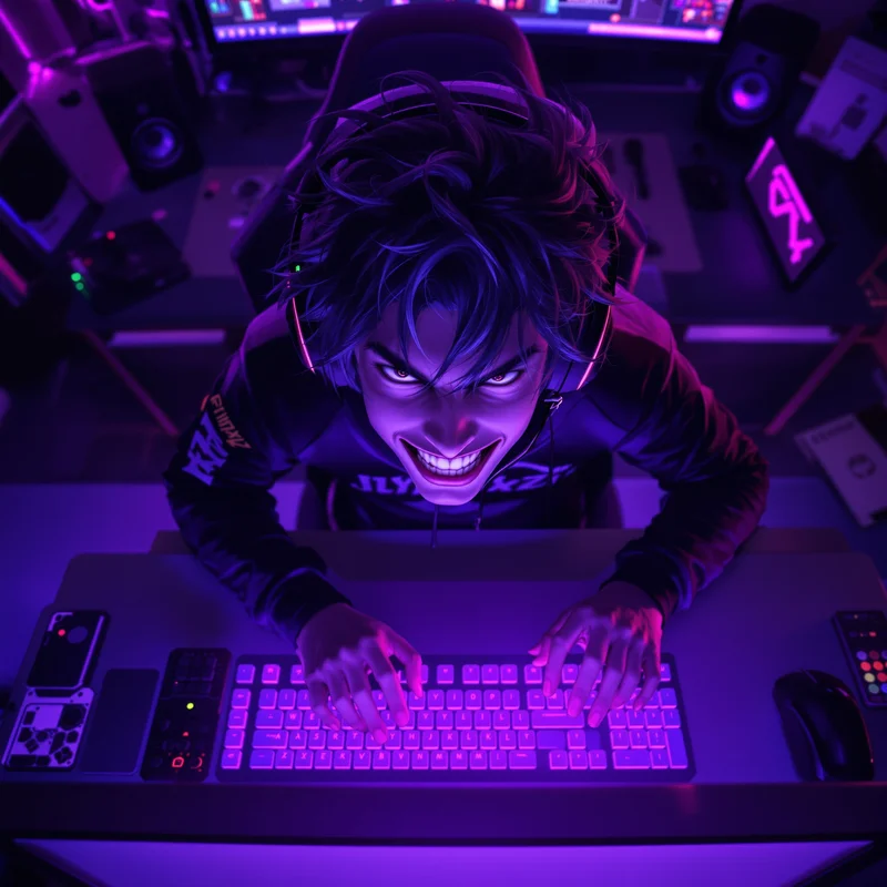 gaming PFP portrait with top-down desk angle and confident smirk