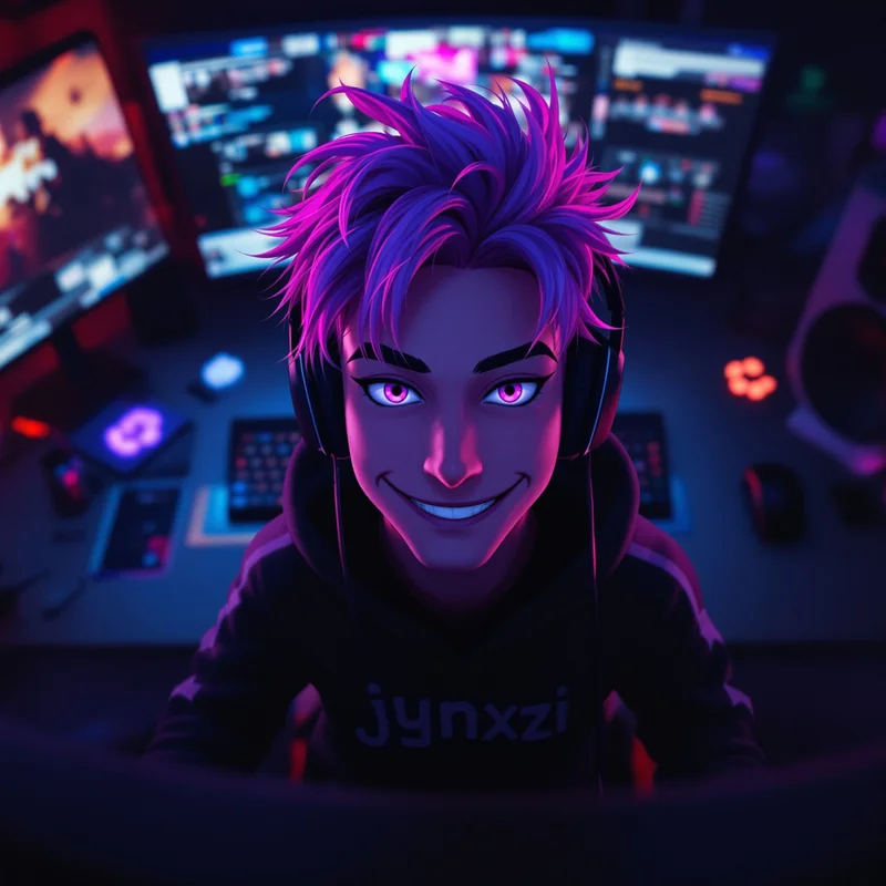 gaming PFP portrait with top-down desk angle and confident smirk