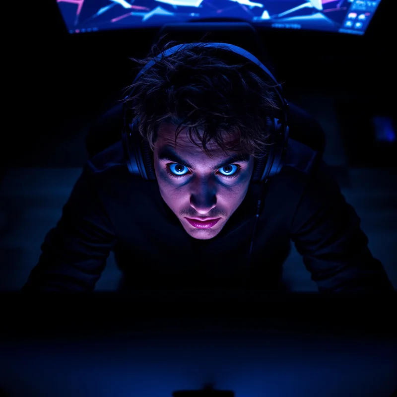 gaming avatar PFP with dark room monitor glow and wide open eyes