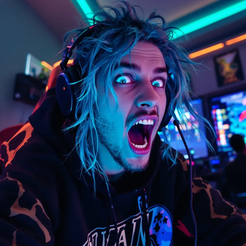 jynxzi inspired avatar with mid-yell expression and RGB room glow