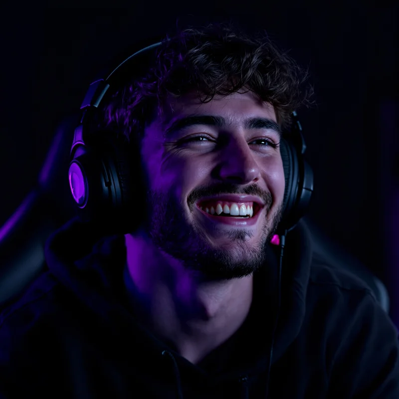 gaming avatar PFP with purple LED light and laughing hard