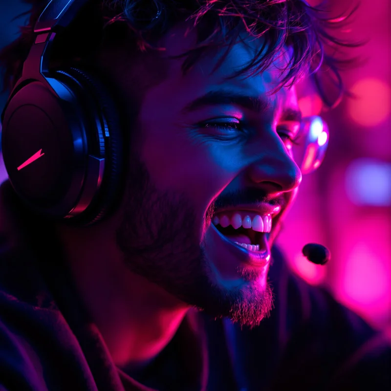 gaming PFP portrait with close-up framing and laughing hard