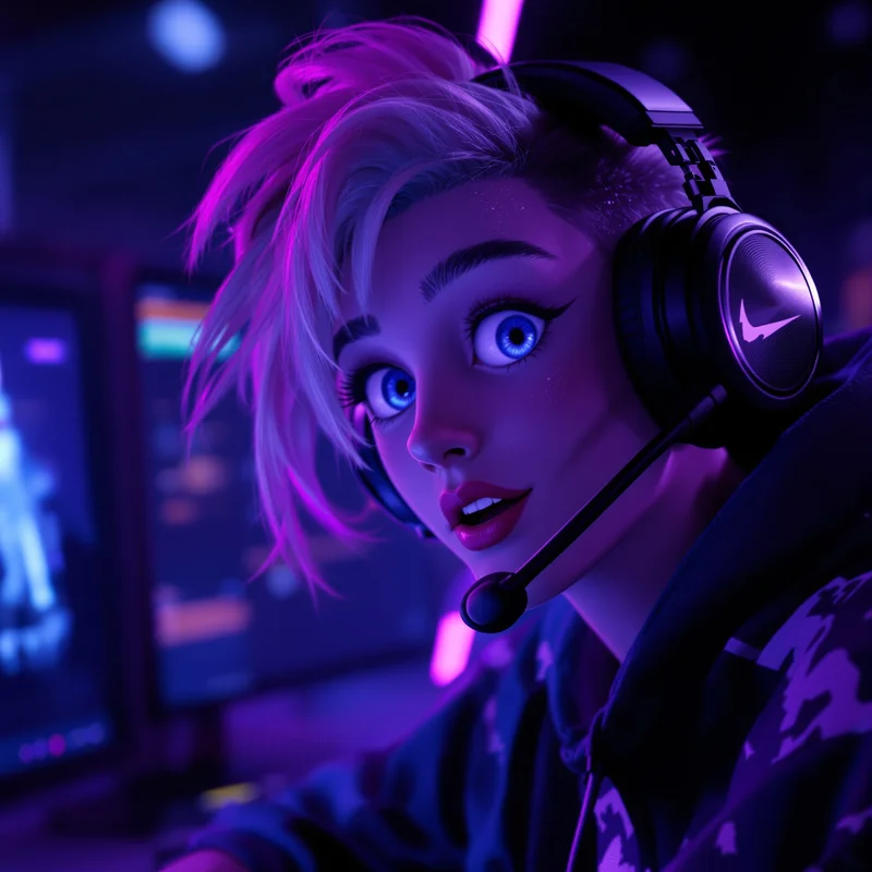 gaming avatar PFP with purple LED light and wide open eyes