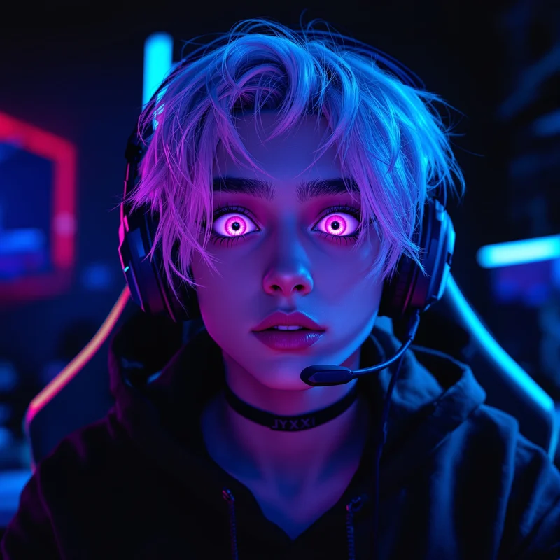 gaming PFP portrait with tight face crop and wide open eyes