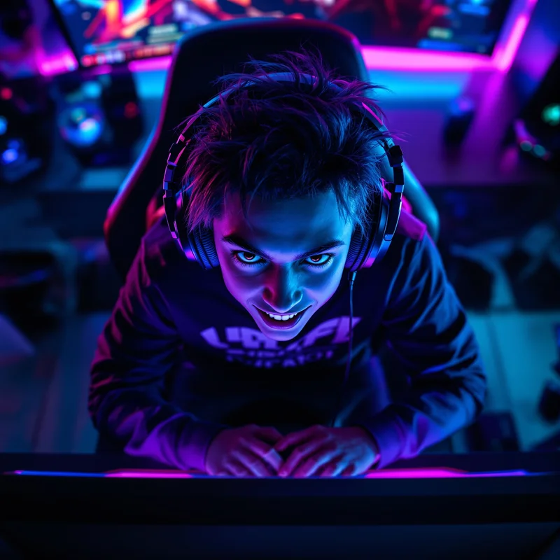 gaming PFP portrait with top-down desk angle and confident smirk
