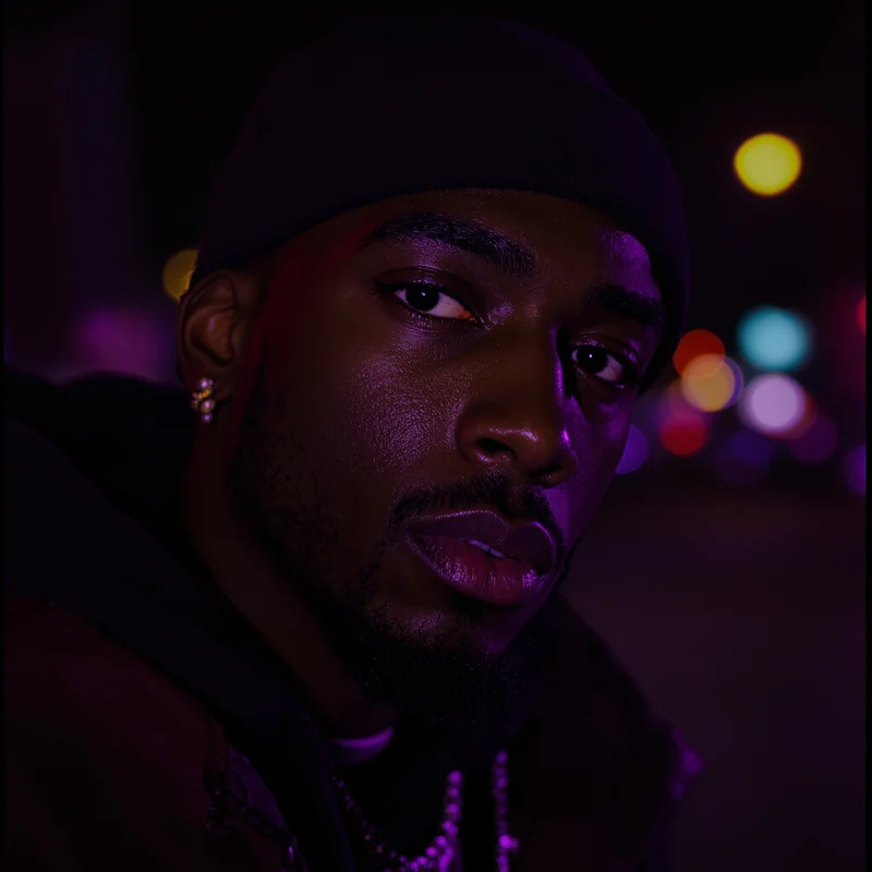 ken carson PFP avatar with low-energy look and dark purple tones