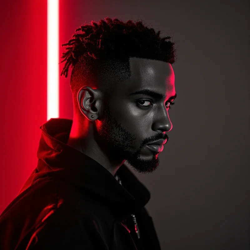 ken carson avatar portrait using neon red glow and dark fashion language