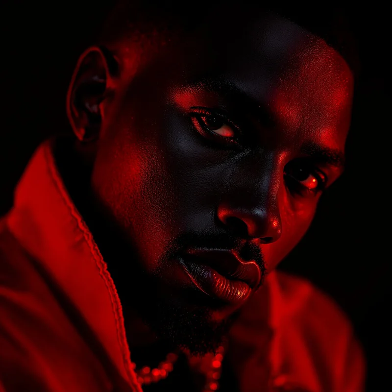 ken carson style avatar with tilted close-up and black and deep red