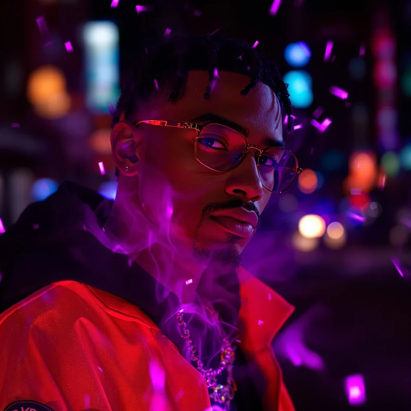 ken carson avatar portrait using purple LED spill and street editorial mood