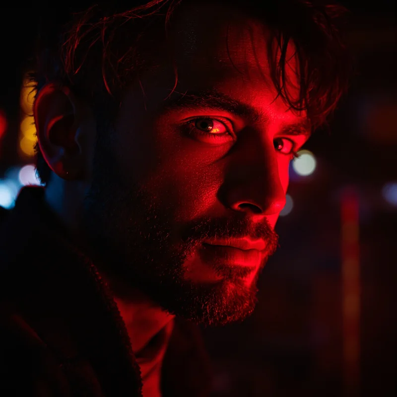 ken carson style avatar with tilted close-up and neon red and black