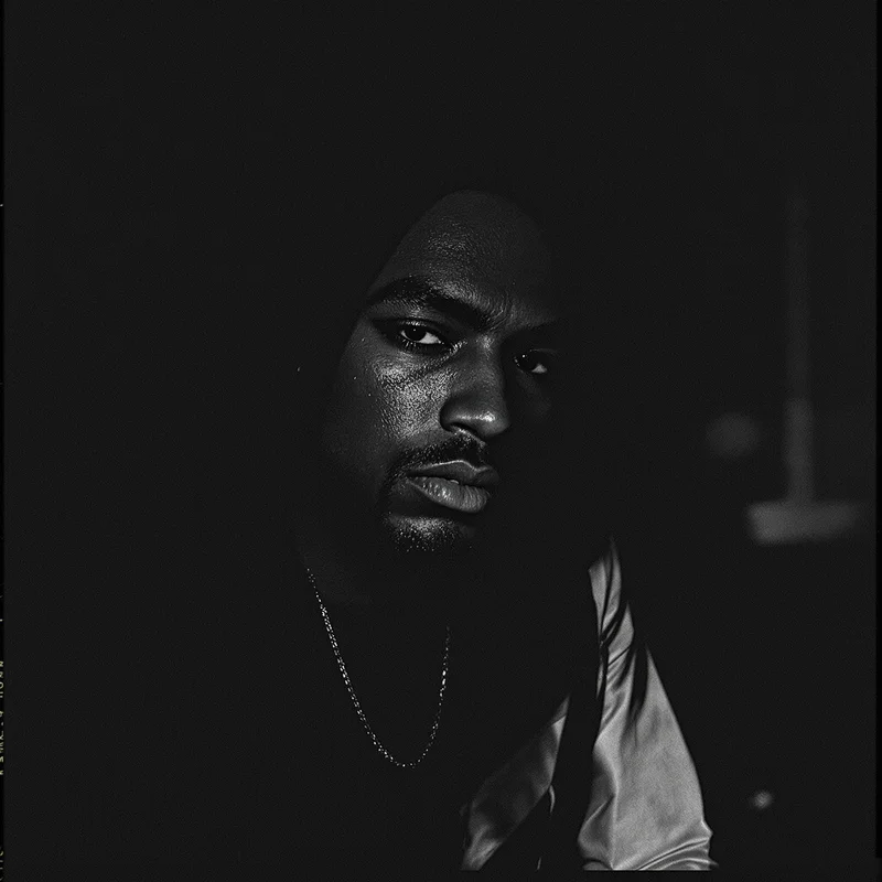 ken carson avatar portrait using dark contrast lighting and dark fashion language