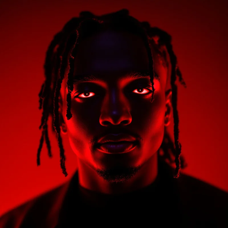 ken carson avatar portrait using neon red glow and underground rap styling